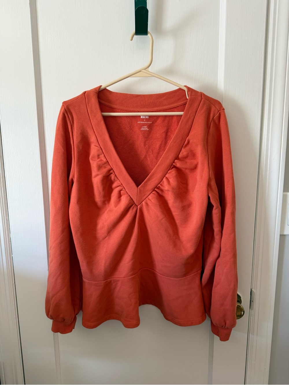 Maeve V-Neck Pullover Sweatshirt in Rust Orange